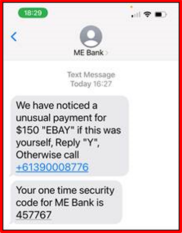 ME Bank phishing text message sample