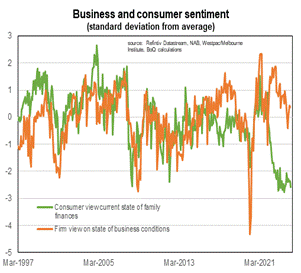 graph showing consumer sentiment vs business sentiment in regards to their finances.